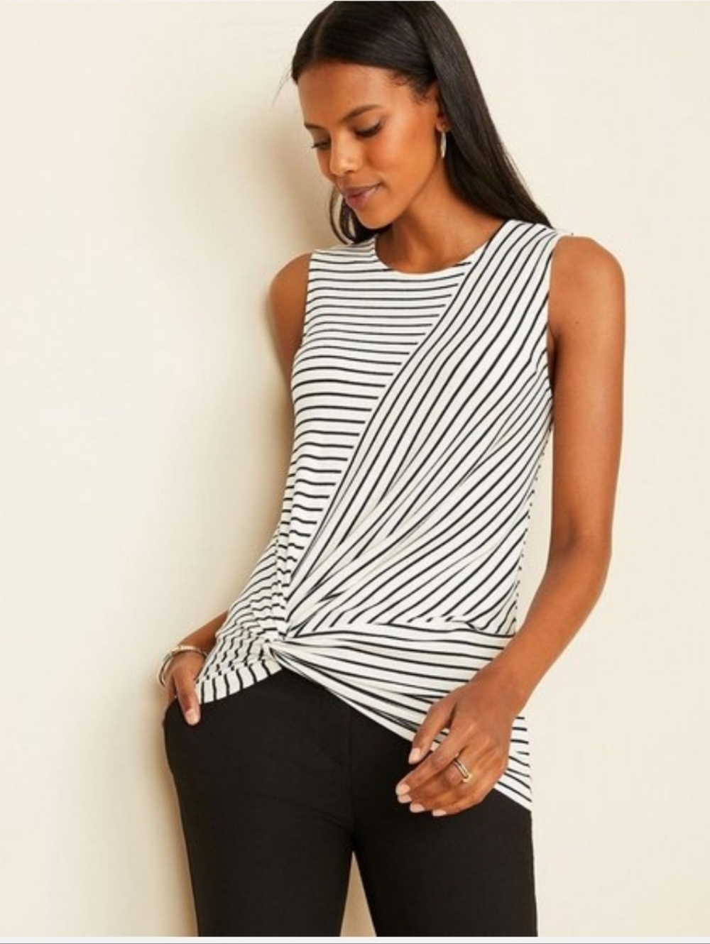 Ann Taylor Black White Striped Twist Front Tank Top Women's XS